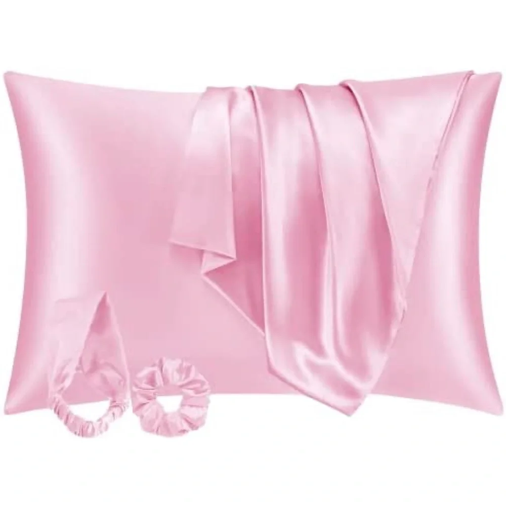 Satin Silky Cooling Pillowcase for Hair & Skin w/Scrunchie Queen Set of 2 Pink